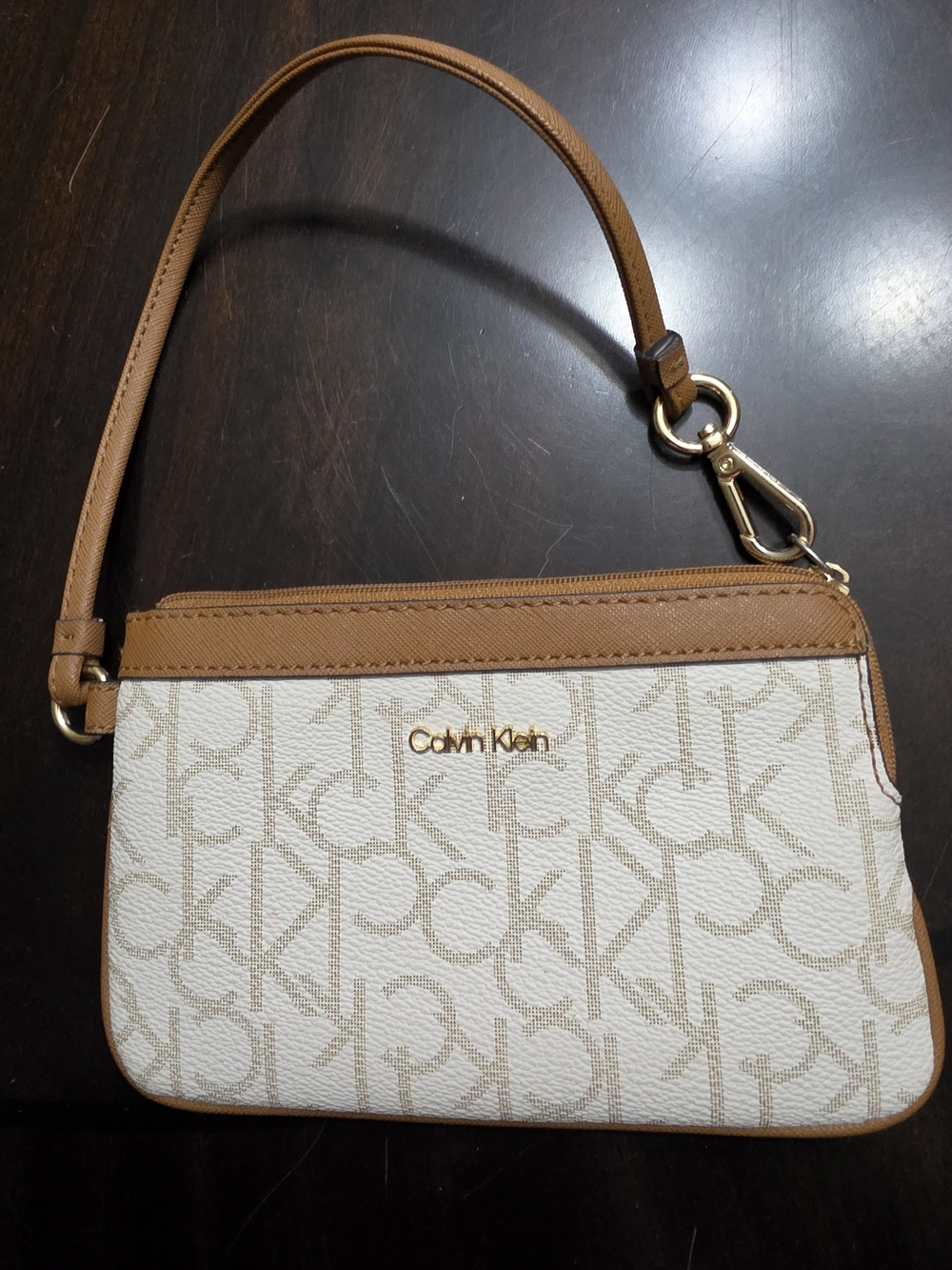 Calvin Klein Beige & Tan Logo Wristlet